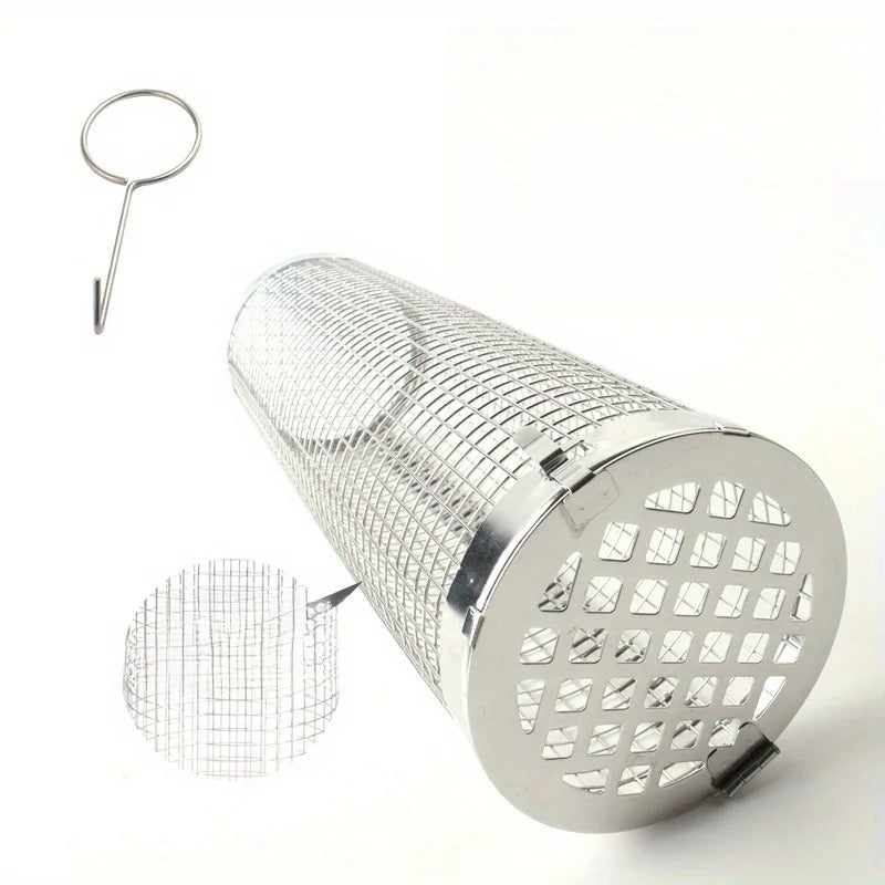 1Pc, BBQ Grill Basket, Portable Stainless Steel Barbecue Grill with Outdoor Rolling Barbecue Basket, Barbecue Cage, Barbecue Net