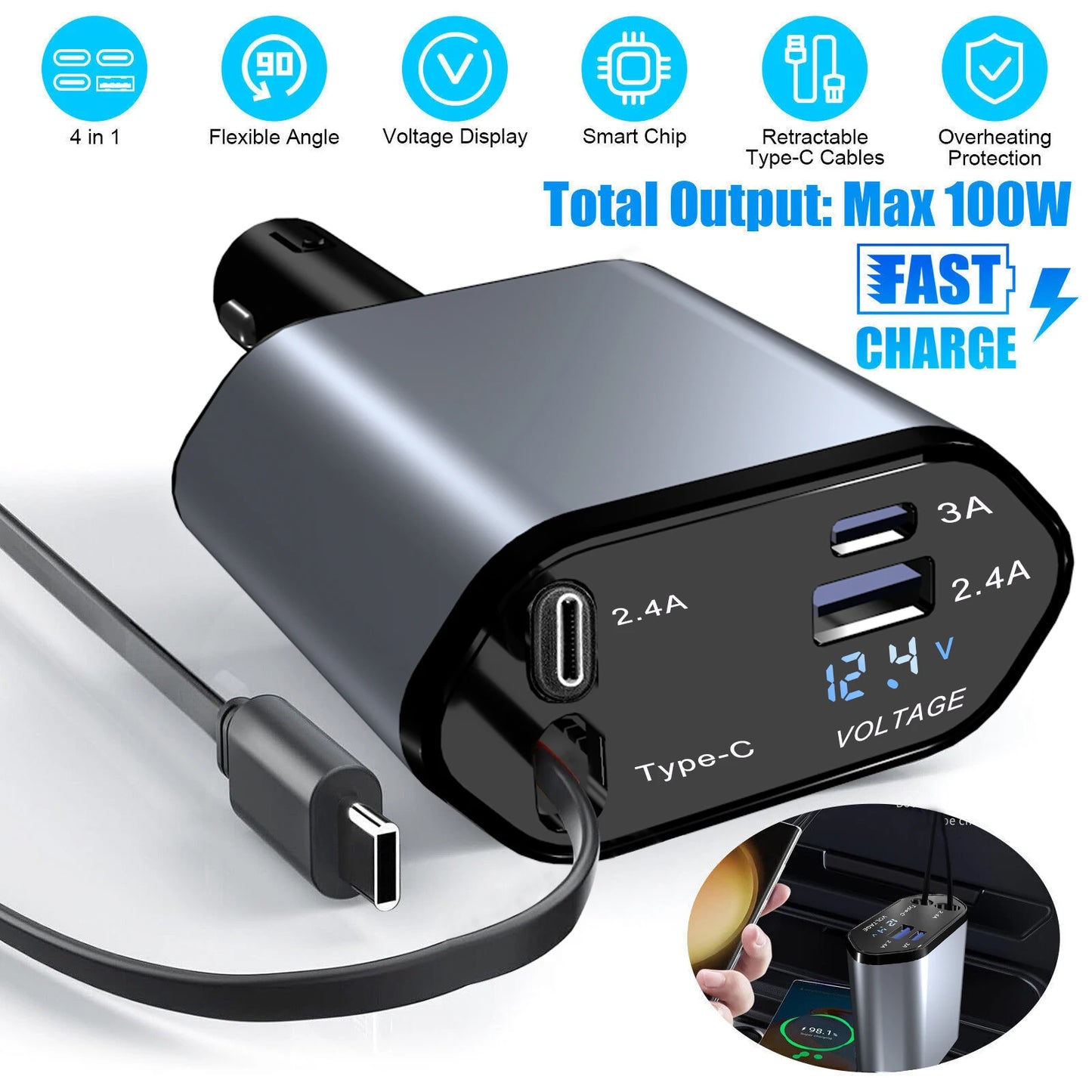 C1 4 in 1 Car Charger PD QC 3.0 120W Fast Charging Type C Mobile Phone Charger for Iphone Xiaomi Huawei Samsung Android IOS
