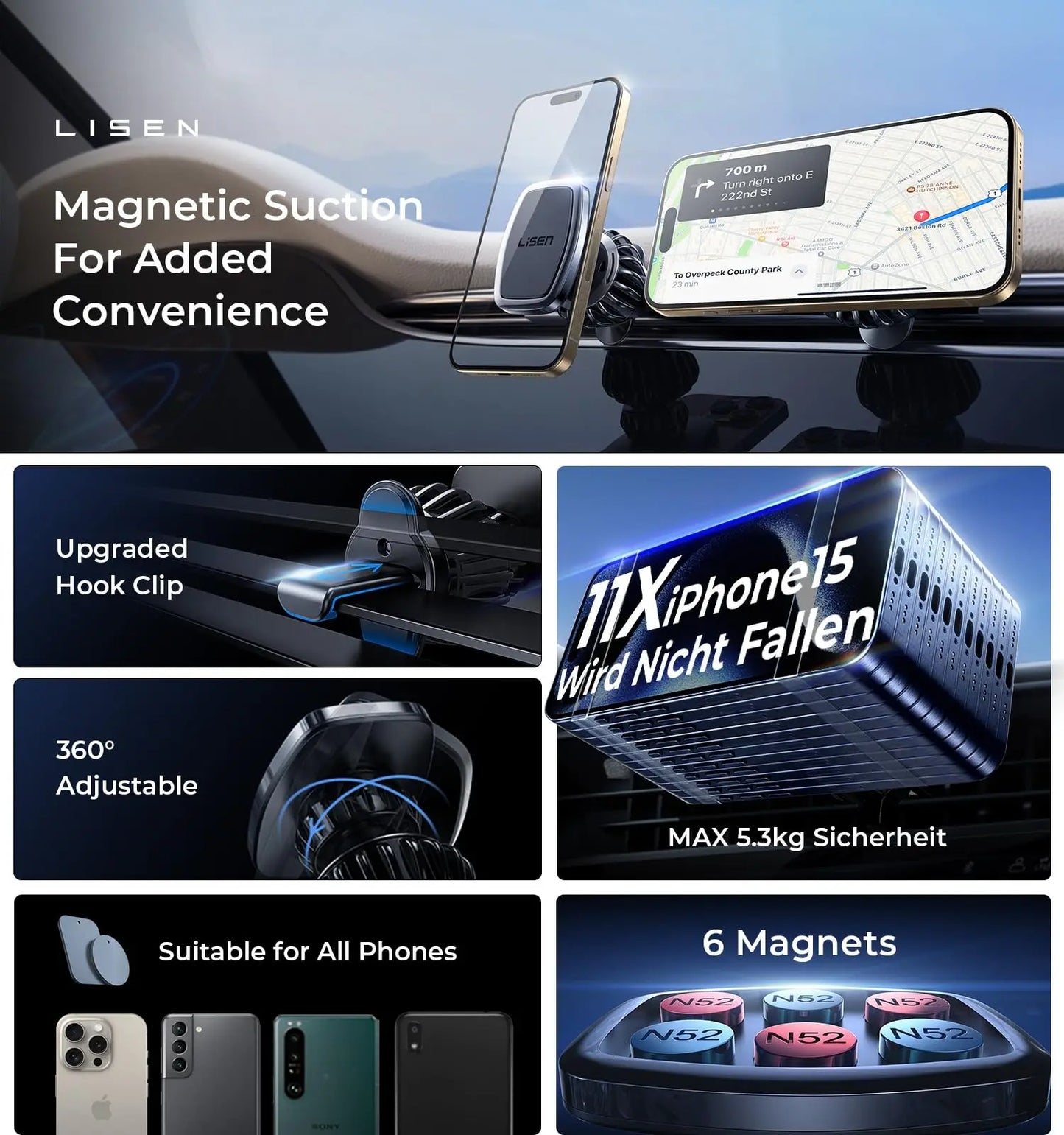 LISEN Phone Holder Car Ultra Magnetic Phone Mount Cell Phone Holder Car Magnetic Car Holder Mount for Iphone Android Smartphones