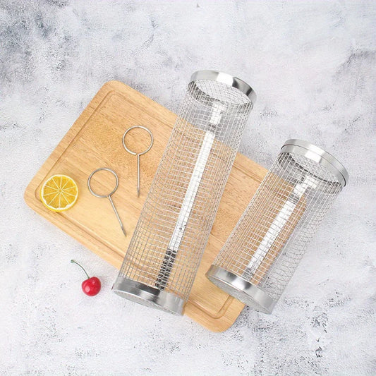 1Pc, BBQ Grill Basket, Portable Stainless Steel Barbecue Grill with Outdoor Rolling Barbecue Basket, Barbecue Cage, Barbecue Net